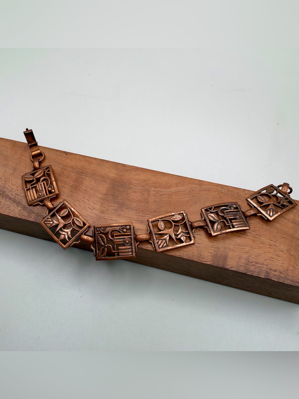 VTG 60s Solid Copper Modernist Link Bracelet Mid Century Abstract Botanical Boho
